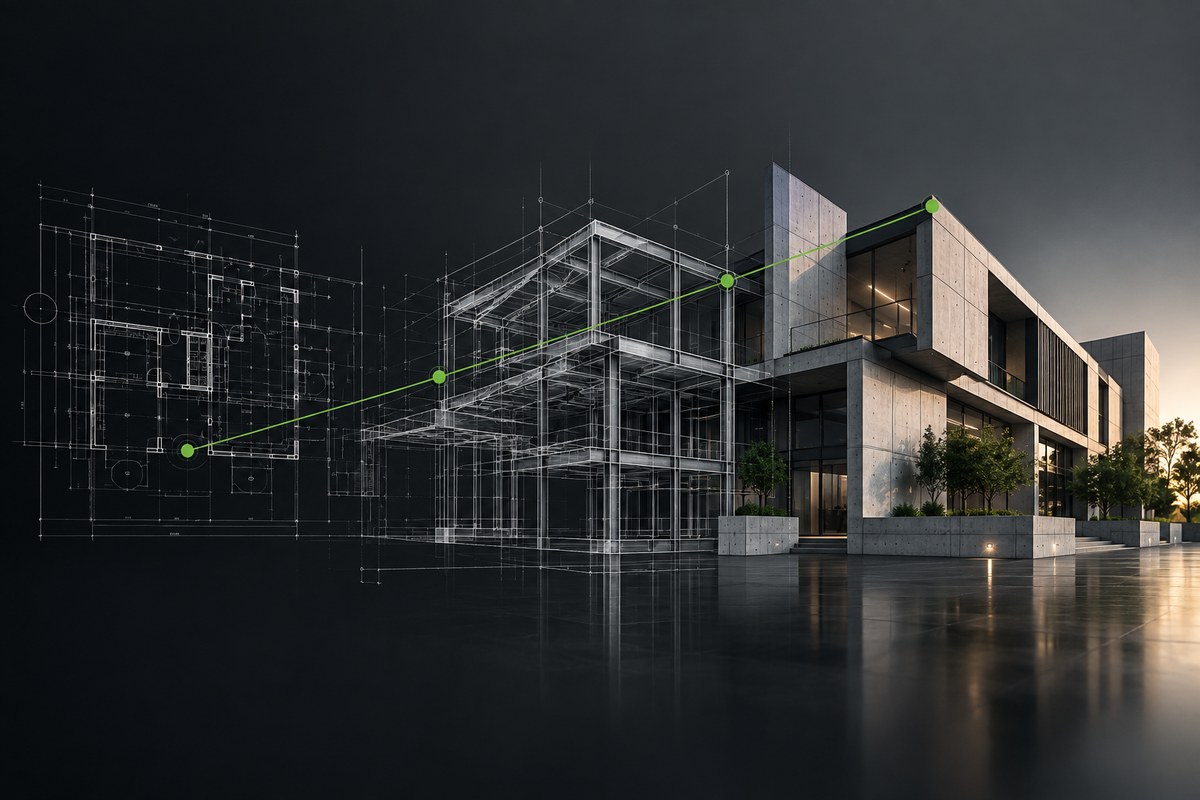 Proyecto de arquitectura representado en tres fases: plano técnico, modelo estructural y edificio construido