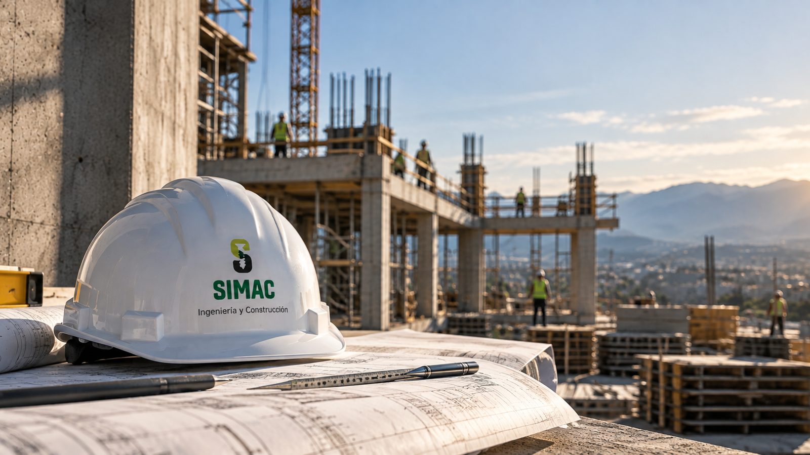 Casco de seguridad SIMAC apoyado sobre los planos de una obra en ejecución
